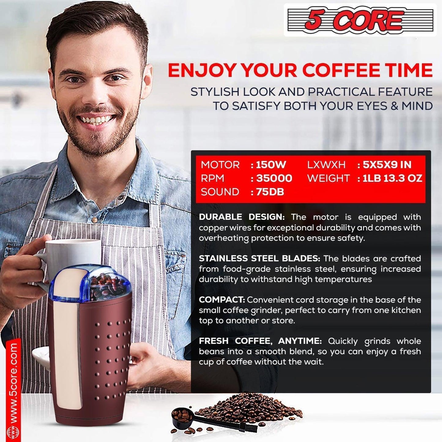 5 Core Coffee Grinder 85 Gram Capacity 150W Electric Bean Spice - Dealslust