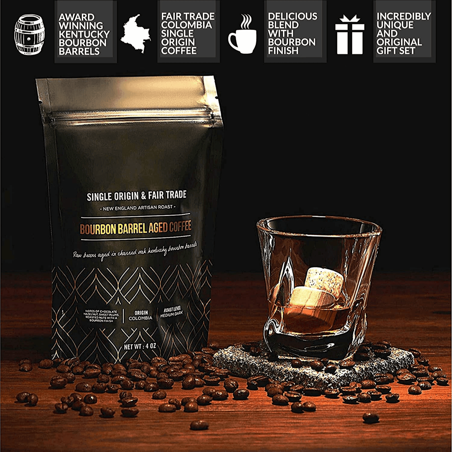 Whiskey Stones & Kentucky Bourbon Barrel Aged Coffee Tasting Gift Set - Dealslust