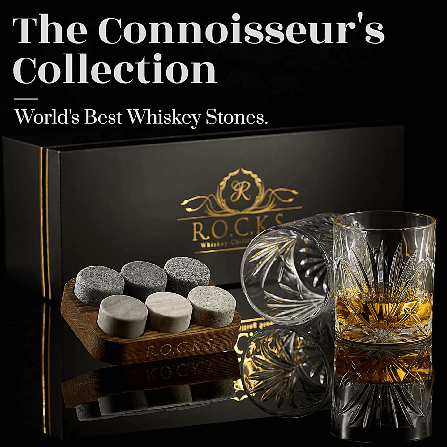 Whiskey Chilling Stones Gift Set With 2 Palm Crystal Glasses - Dealslust