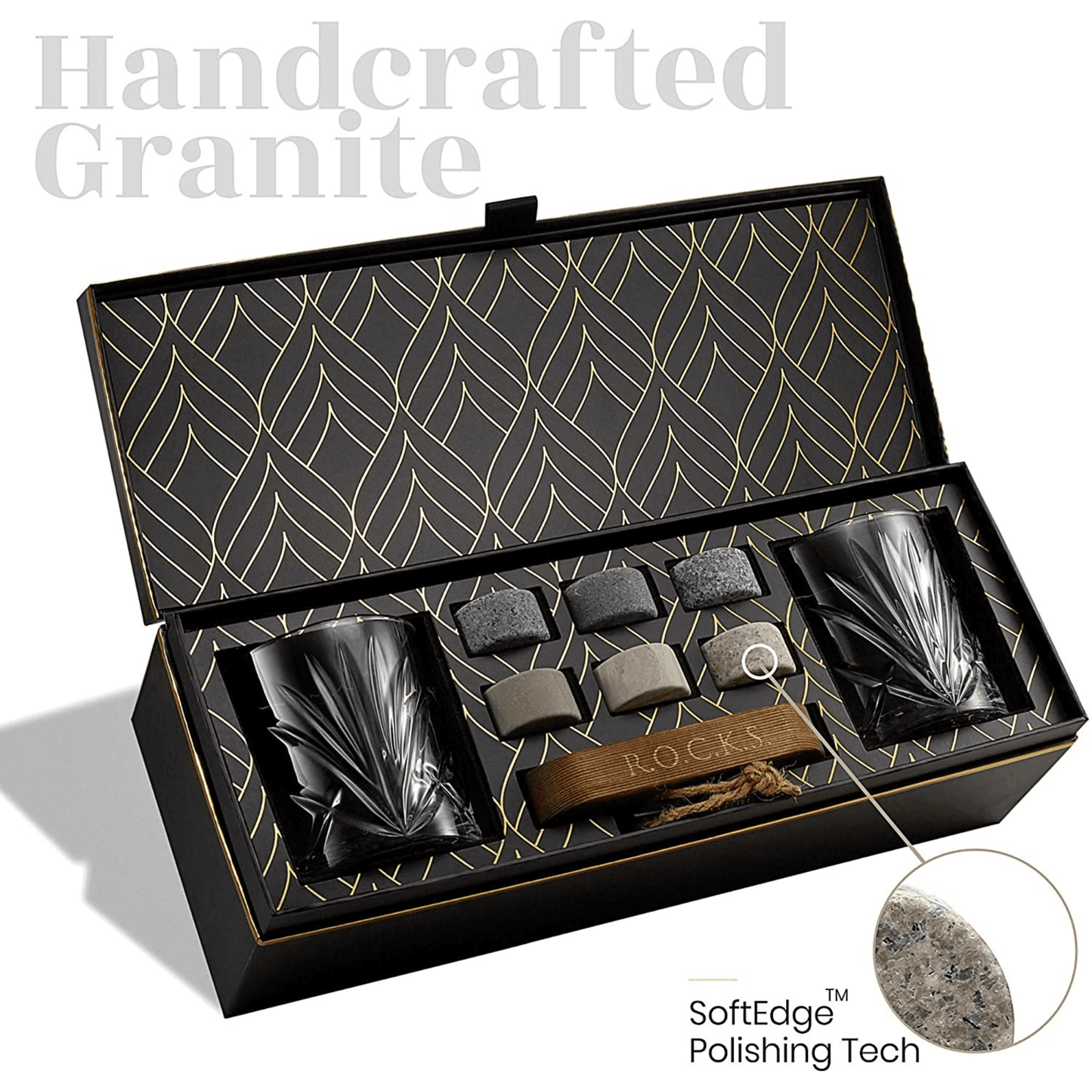 Whiskey Chilling Stones Gift Set With 2 Palm Crystal Glasses - Dealslust