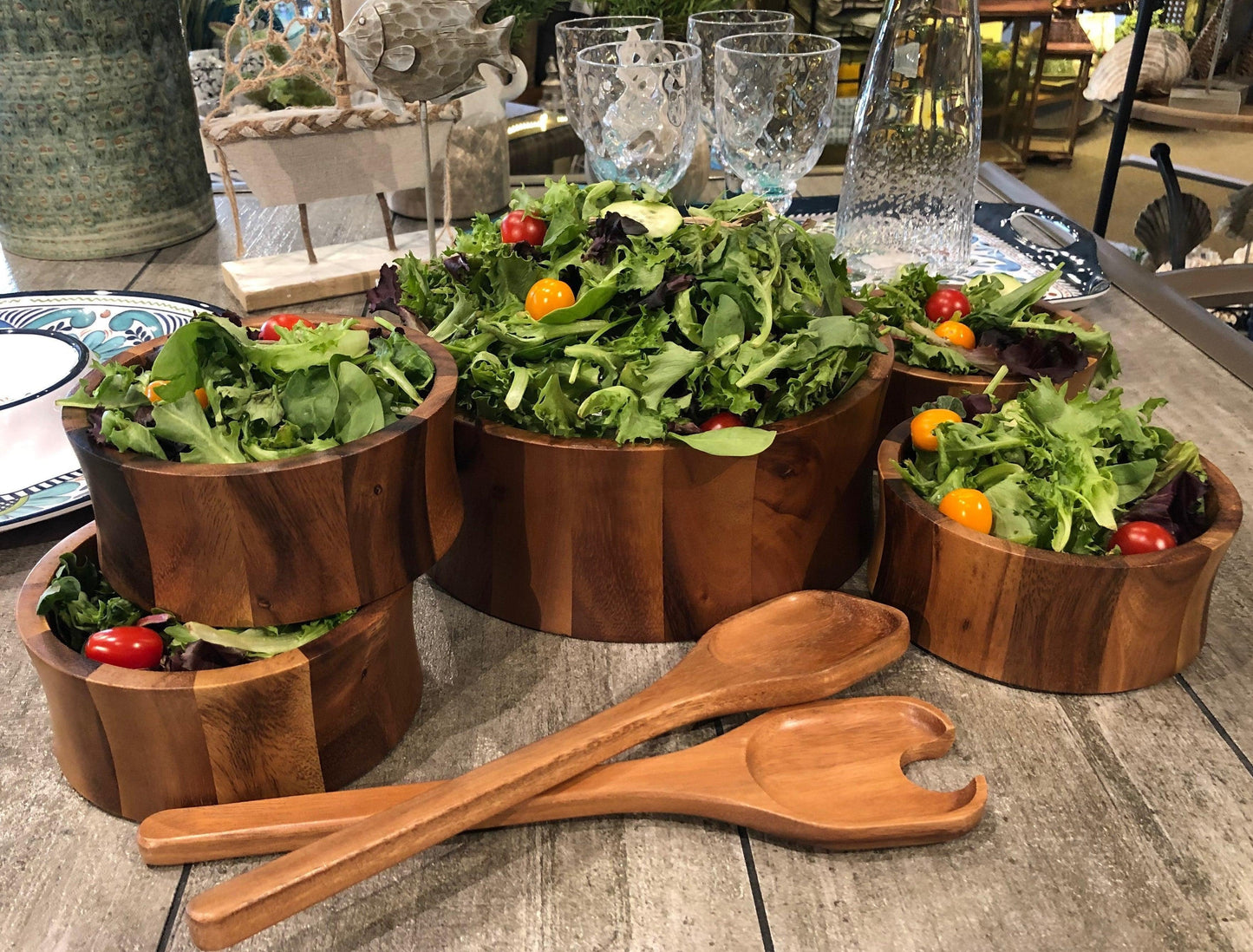 7 Piece - Large Salad Bowl with Servers and 4 Individuals 10" x 4" - Dealslust