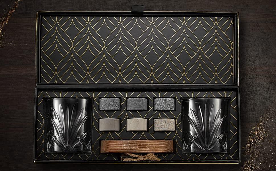 Whiskey Chilling Stones Gift Set With 2 Palm Crystal Glasses - Dealslust