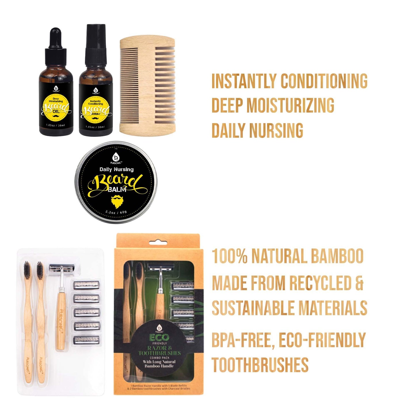 Pursonic Beard Care Grooming Kit & Eco Friendly Razor + Toothbrushes - Dealslust