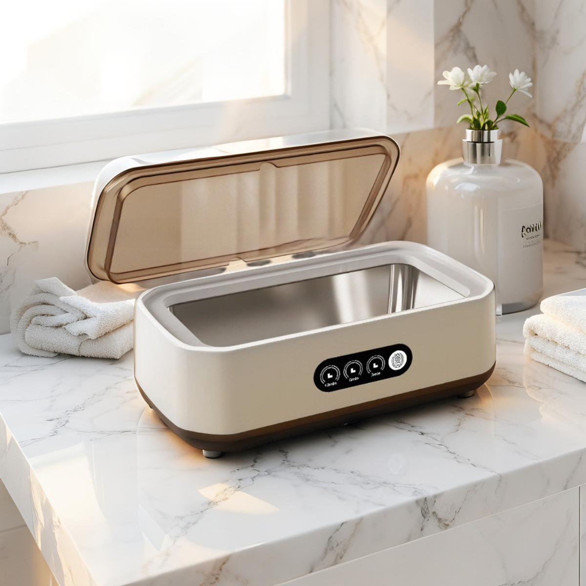 Beige ultrasonic cleaner on a marble countertop with a vase and flowers in the background.
