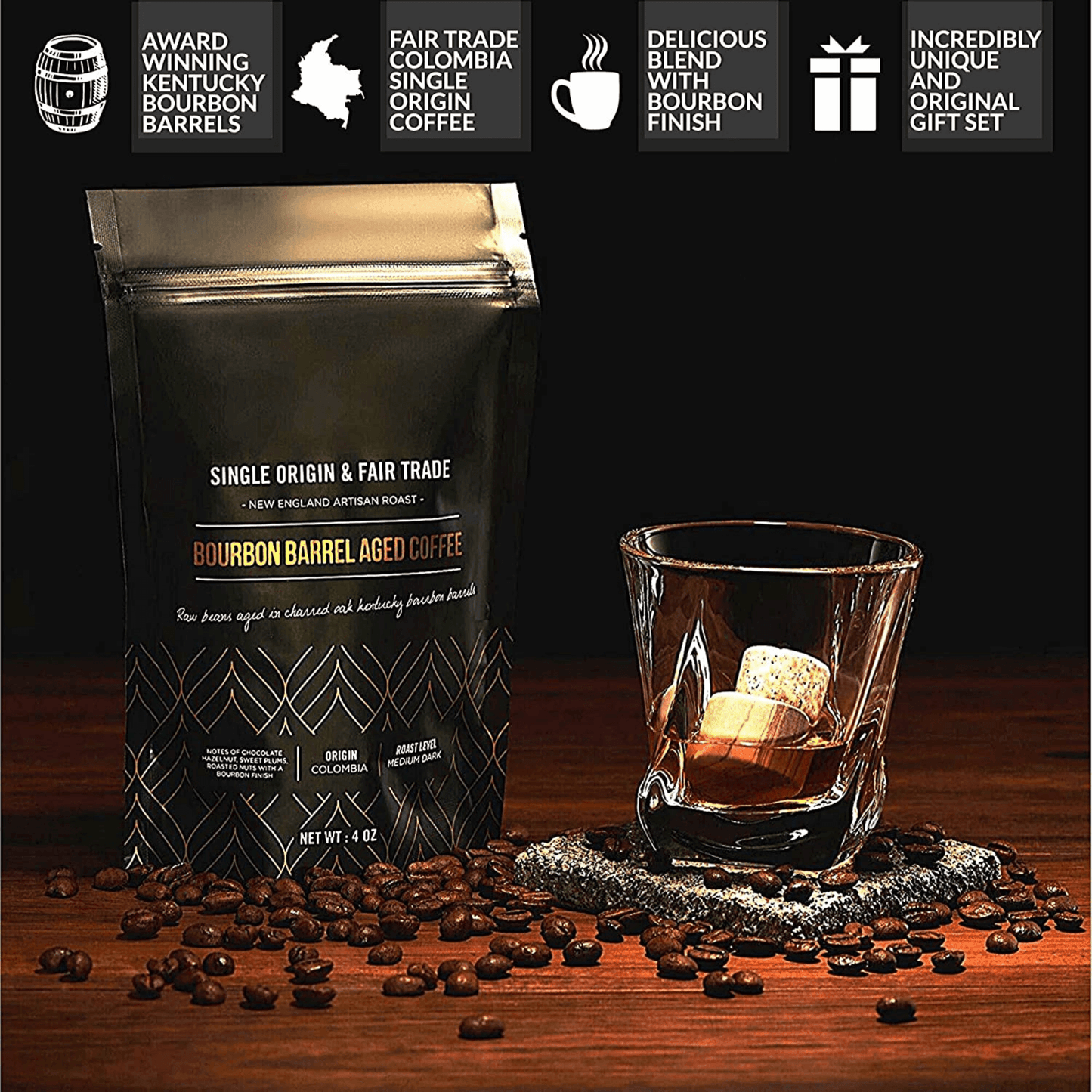 Whiskey Stones & Kentucky Bourbon Barrel Aged Coffee Tasting Gift Set - Dealslust