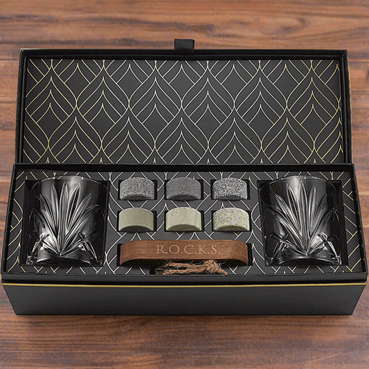 Whiskey Chilling Stones Gift Set With 2 Palm Crystal Glasses - Dealslust