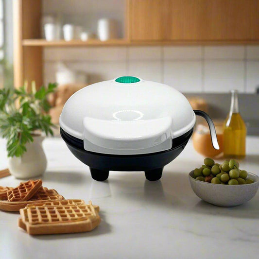 QuickBite Mini Waffle Maker, 4" Cooking Surface, 350 W, White - Dealslust