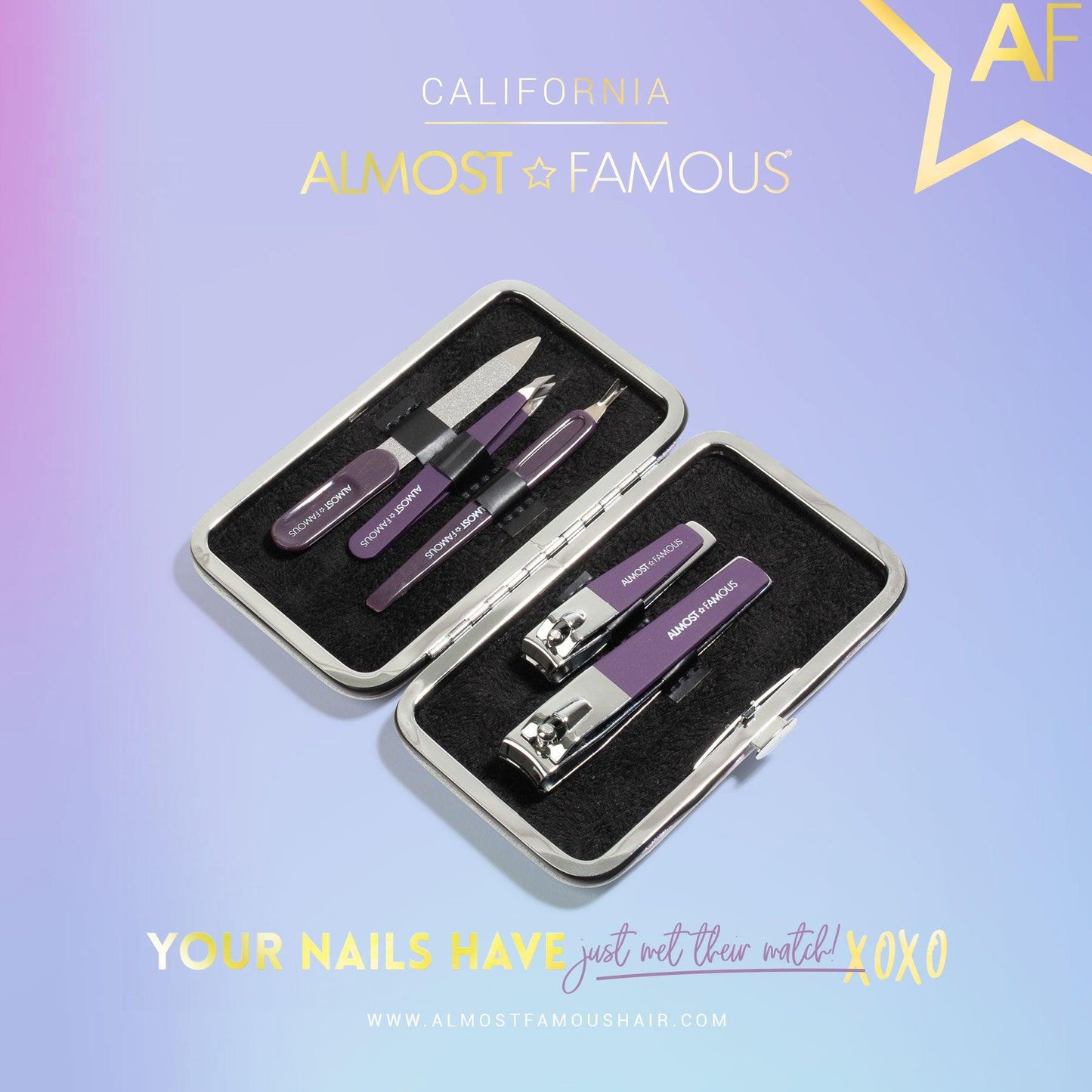 Almost Famous Manicure Kit w/ Silver Holographic travel case - Dealslust