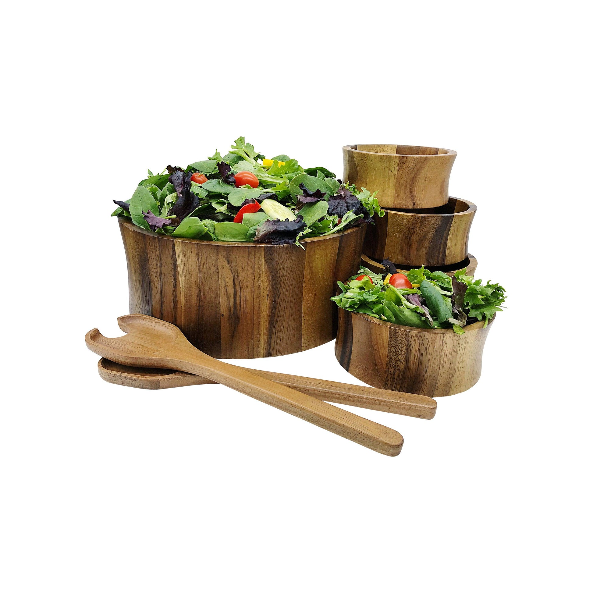 7 Piece - Large Salad Bowl with Servers and 4 Individuals  10" x 4" - Dealslust