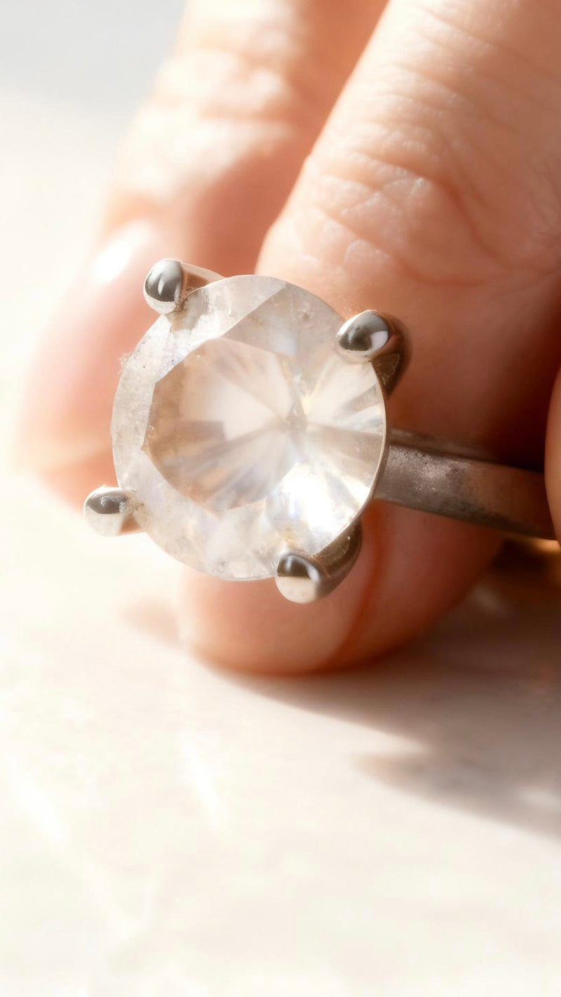 Close-up of a hand holding a ring with a large diamond.
