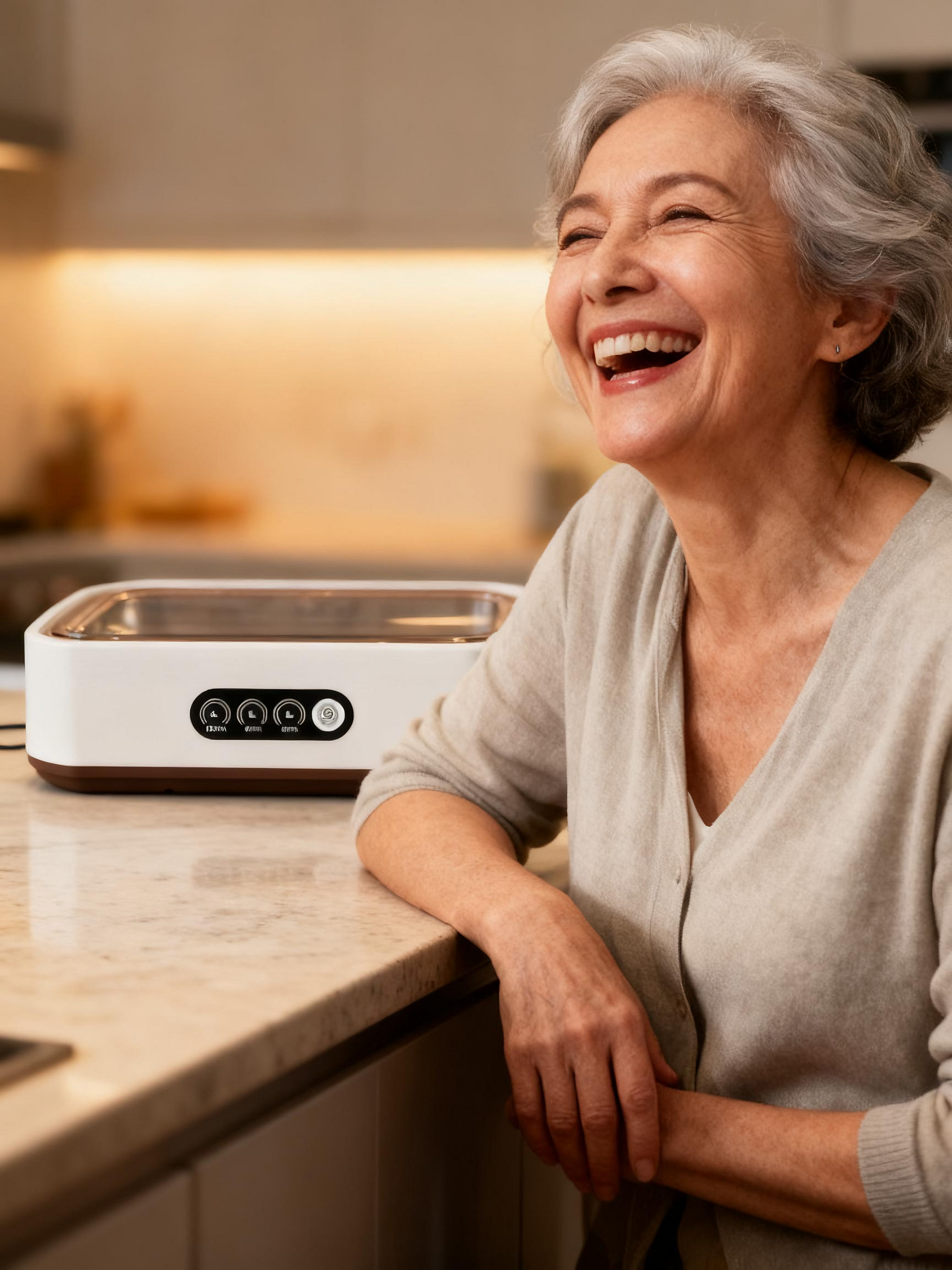 A woman laughing in a kitchen with an ultrasonic cleaner appliance on the counter