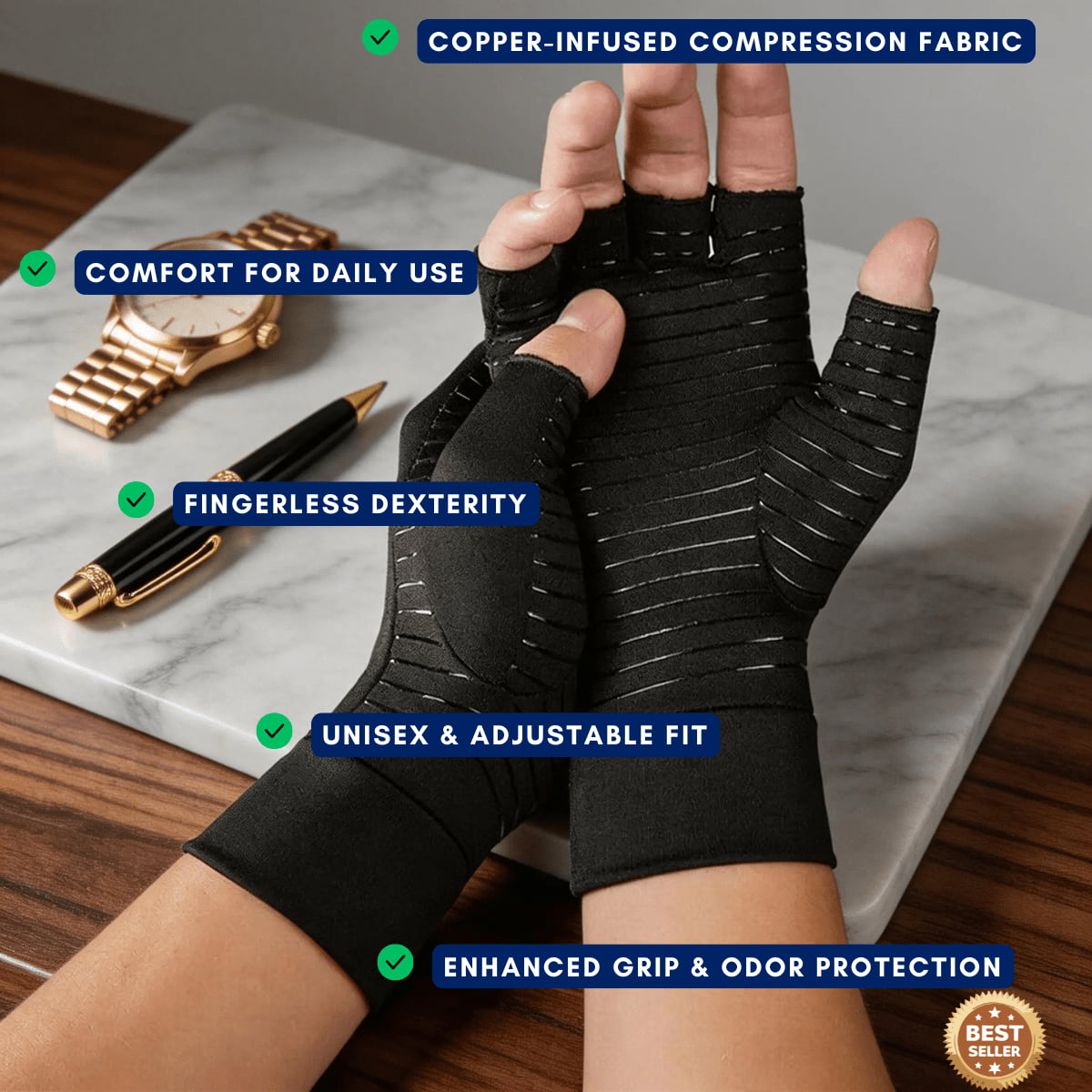 Black fingerless glove with text highlighting features on a marble surface.