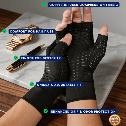 Black fingerless glove with text highlighting features on a marble surface.