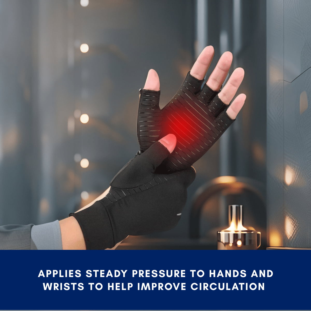 Black compression glove on a hand with a red light, highlighting pressure applied to hands and wrists.