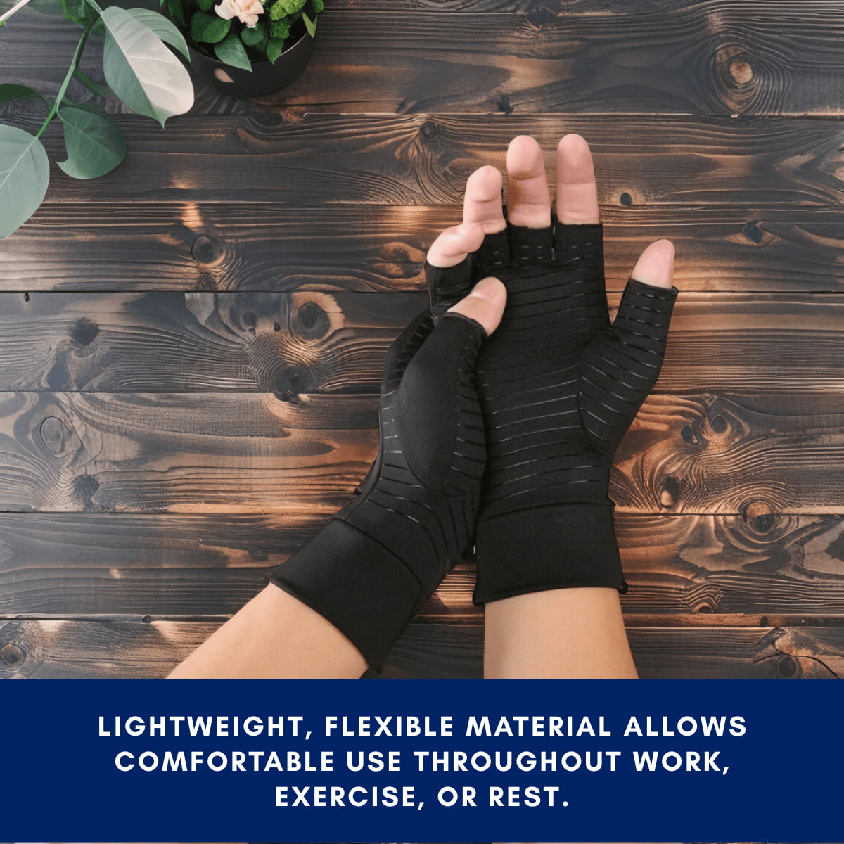 Black fingerless gloves on a wooden surface with text about material properties.