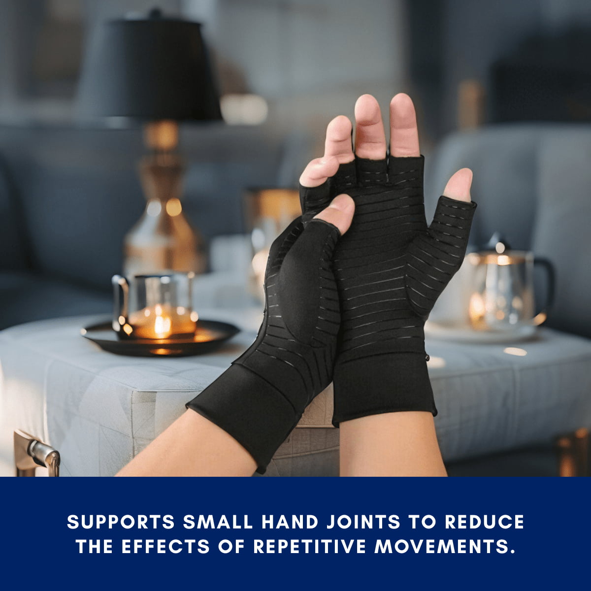Person wearing black compression gloves in a living room setting with text about joint support.