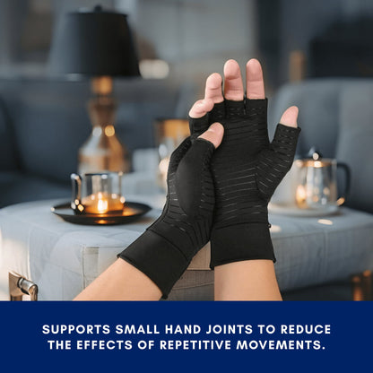 Person wearing black compression gloves in a living room setting with text about joint support.