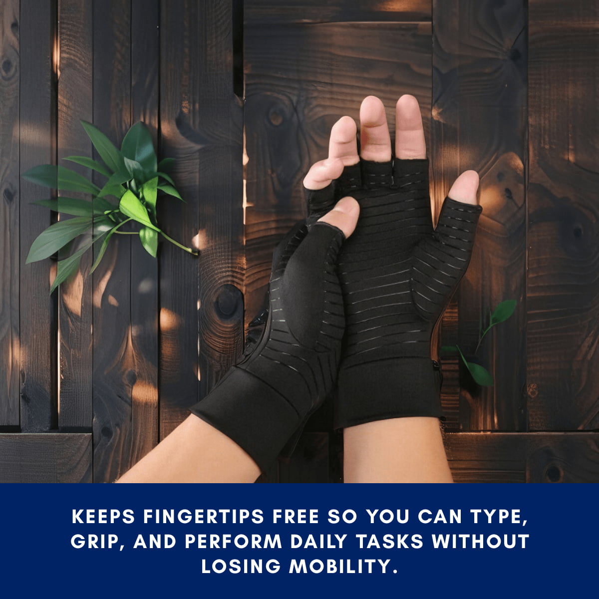 Hand wearing a black fingerless glove against a wooden background with text about glove benefits.