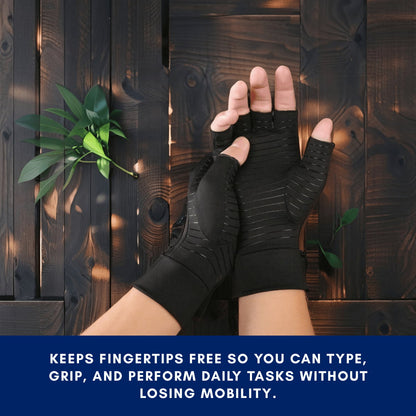Hand wearing a black fingerless glove against a wooden background with text about glove benefits.