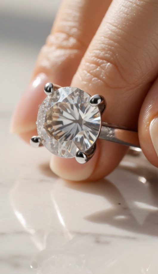 Diamond ring on a hand with a marble background