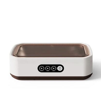 Rectangular white and brown ultrasonic cleaner with control panel on a white background