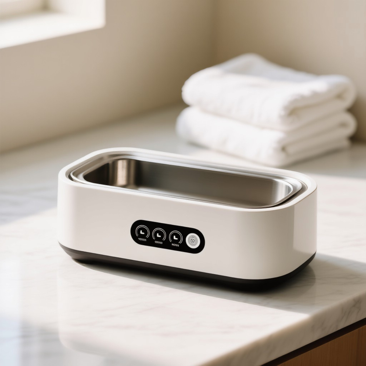 ultrasonic cleaner on a marble countertop with folded white towels in the background.