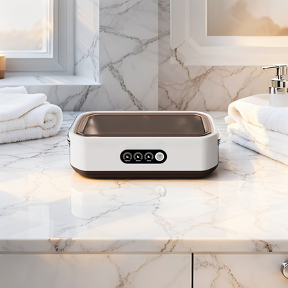 ultrasonic cleaner on a marble bathroom counter with towels in the background