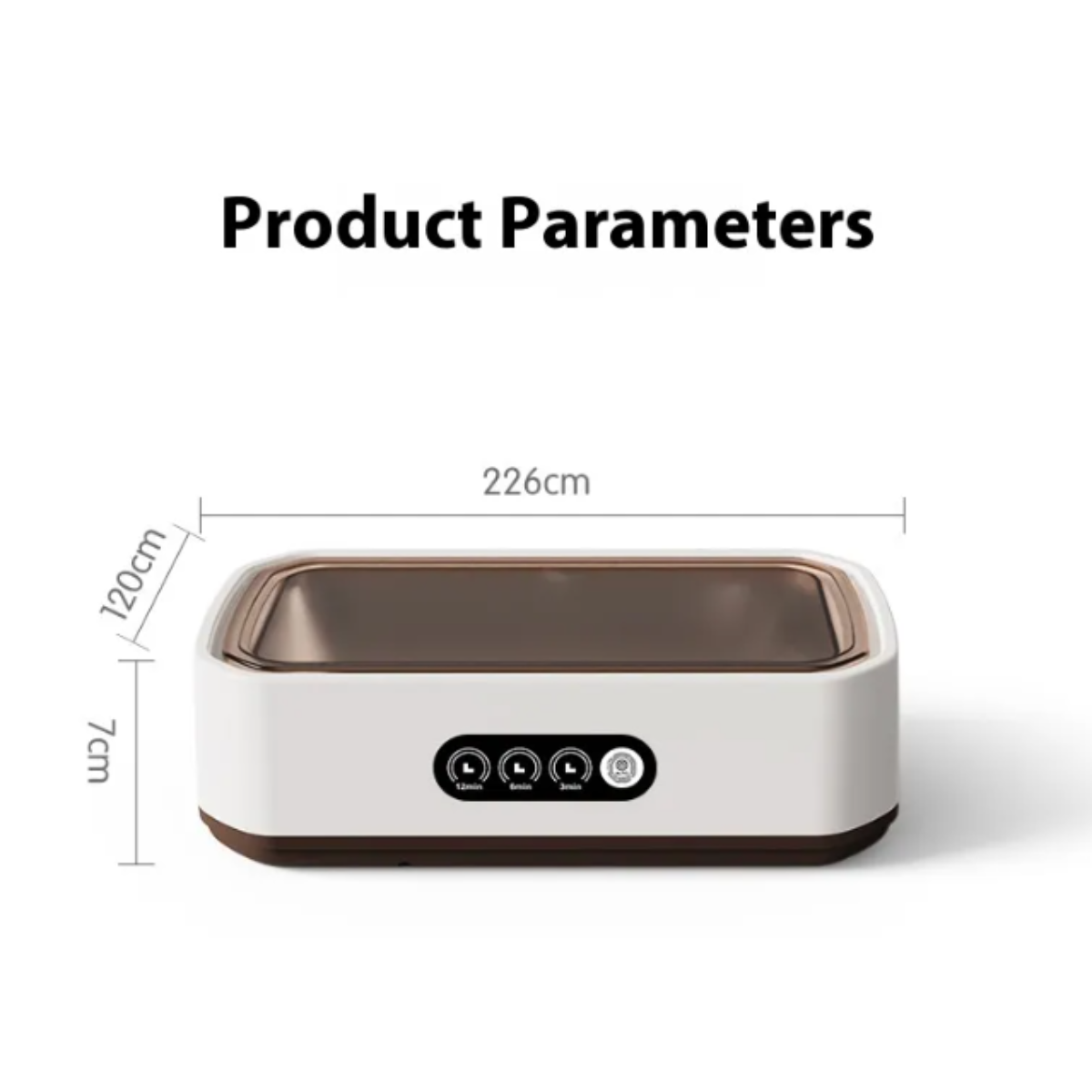 Rectangular white and brown product with dimensions labeled on a white background